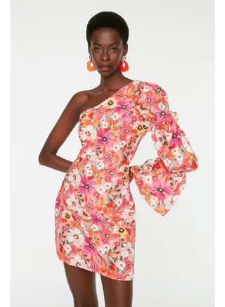 Orange Fitted Poplin Lined Floral Patterned Elegant Evening Dress TPRSS22EL1280 