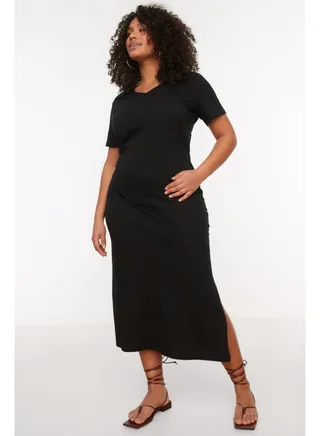 Black V-Neck Slit Knitted Dress TBBSS22AH0163 