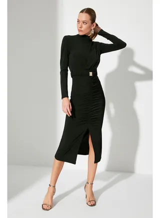 Black Fitted/Sleeping High Neck Draped Elastic Knit Dress With Belt TWOAW22EL0434 