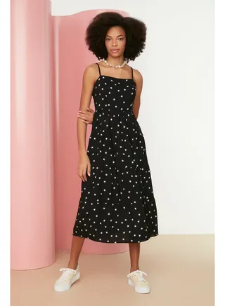 Black A-line Floral Print Strappy Woven Dress TWOSS21EL1341 