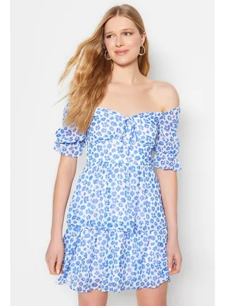 Blue Floral Skirt Flounce Chiffon Lined Mini Woven Dress TWOSS22EL2772 