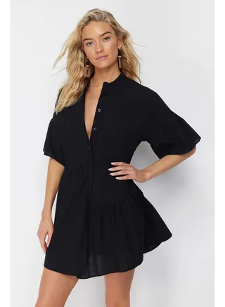 Black Wide Fit Mini Woven Flounce 100% Cotton Beach Dress TBESS20EL0873 
