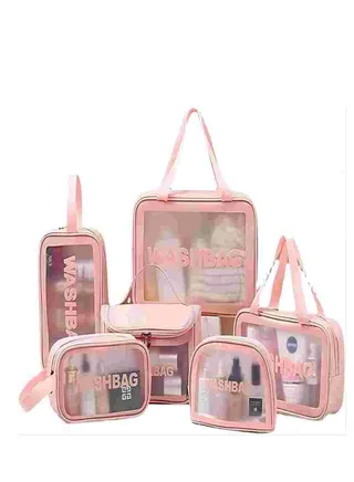 COOLBABY 6-piece Clear Makeup Bag Vinyl Air Travel Toiletry Bag Bulk Waterproof PVC Packaging Cube With Zipper Closure And Handle Ladies Baby Boy Makeup Brush Box Beach Pool Spa Fitness Bag (Pink) 