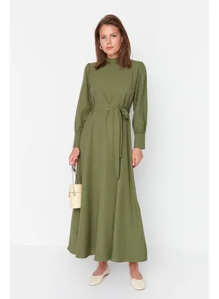 Khaki High Neck Belted Wide Cuff Cotton Woven Dress TCTSS22EB0100 