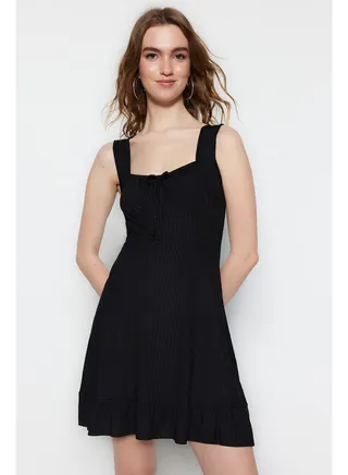 Black Square Neck Flounce A-Line Mini Knitted Dress TWOSS23EL00348 