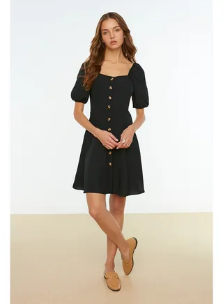 Black A-line Balloon Sleeve Mini Woven Dress TWOSS20EL2314 