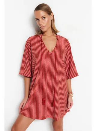 Brown Striped Wide Fit Mini Knitted Tie Beach Dress TBESS23EL00080 