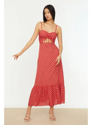 Red A-line Gathered Window/Cut Out Polka Dot Print Maxi Woven Dress TWOSS20EL1875 