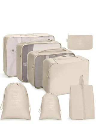 8Pcs Packing Cubes for Storage Luggage Packing Cube Organizer Travel Packing Cubes Set Clothes Shoes Storage Travel Organizer Bags for Luggage (Beige) 