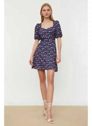 Navy Blue Floral Print A-line Mini Lined Balloon Sleeve Woven Dress TWOSS20EL0899 