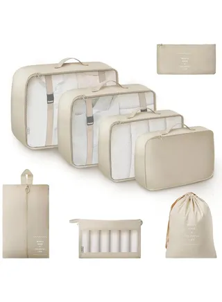 8 Set Packing Cubes for Suitcases, Travel Luggage Packing Organizers with Laundry Bag, Compression Storage Shoe Bag, Clothing Underwear Bag, for Man and Women, Beige 