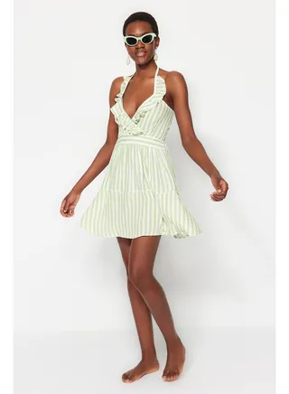 Green Mini Woven Backless Beach Dress TBESS23EL00164 