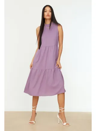 Purple Straight Cut Stand Collar Midi Woven Woven Dress TWOSS20EL1864 