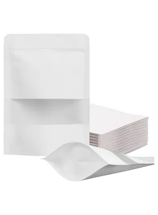 White Kraft Stand Up Pouch Bags 12*20cm 50 Pack Reusable Zip Lock Paper Pouches with Matte Window and Tear away Notch for Multi purpose Storage 