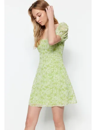 Green Floral A-Cut Chiffon Lined Mini Woven Dress TWOSS23EL00512 