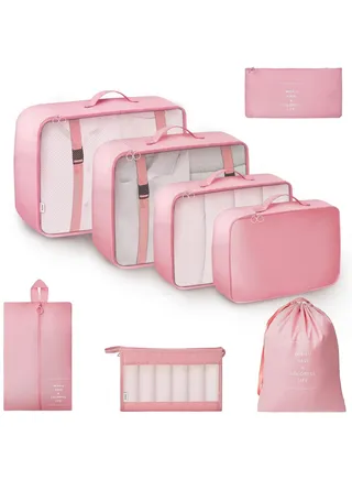8 Set Packing Cubes for Suitcases, Travel Luggage Packing Organizers with Laundry Bag, Compression Storage Shoe Bag, Clothing Underwear Bag, for Man and Women, Pink 