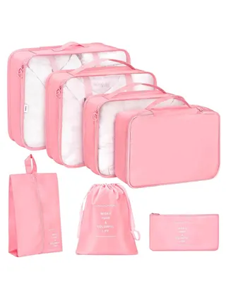 Altheqa 7 Set Packing Cubes for Travel, Travel Luggage Packing Organizers, Travel Accessories Large Toiletries Bag for Clothes Shoes Cosmetics Toiletries (Pink) 