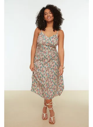 Beige Floral Patterned Woven Strap Dress TBBSS22AH0055 