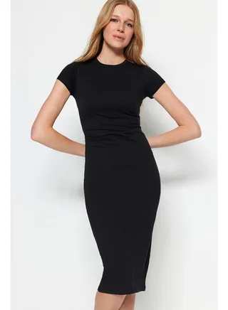 Black Short Sleeve Fitted Cotton Stretchy Midi Knitted Dress TWOSS23EL00313 
