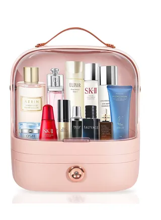 Make Up Case for Portable Light Luxury Series Multi Function Dustproof Egg Shape and Oval Makeup Storage Box with handle Countertop Vanity Cosmetics Organizer Jewelry Organizer Display Stand Pink 