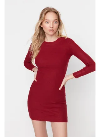 Burgundy Fitted Mini Half Turtleneck Ribbed Stretch Knit Dress TWOAW21EL2244 