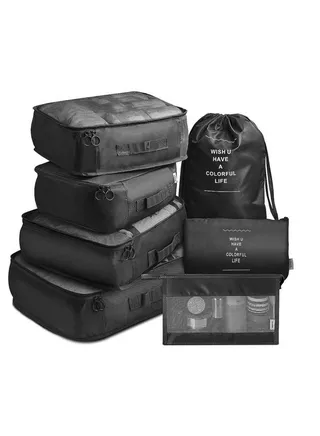 7pcs Set Travel Organizer Storage Bags Suitcase Packing Set Storage Cases Portable Luggage Organizer Clothes Shoe Tidy Pouch Bag -Black 