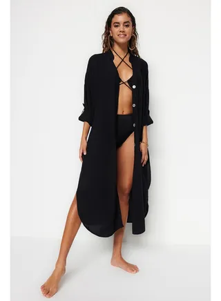 Black Midi Woven Slit Beach Dress TBESS21EL3318 