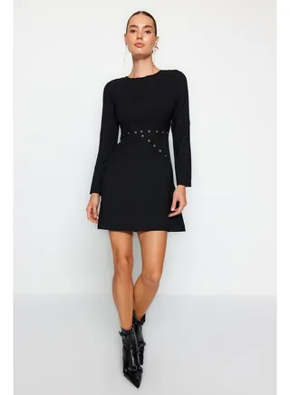 Black Crew Neck Weave Mini Dress With Stripe Detail TWOAW24EL00420 