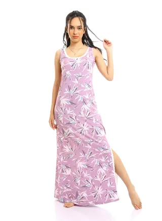 Patterned Sleeves Long Nightgown with Side Slit-LIGT Purple 