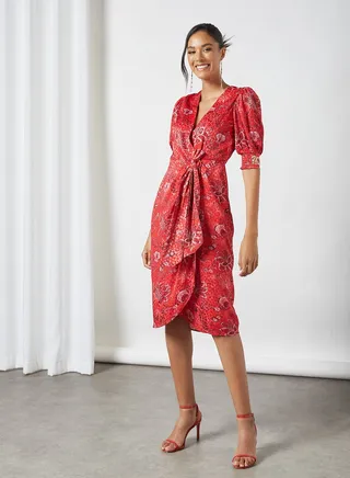 Floral Print Wrap Dress Red 