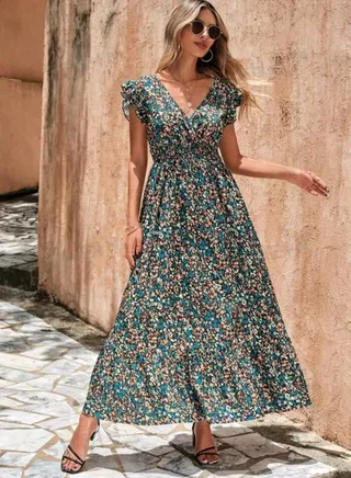 SHEIN LUNE Ditsy Floral Print Ruffle Trim Dress 
