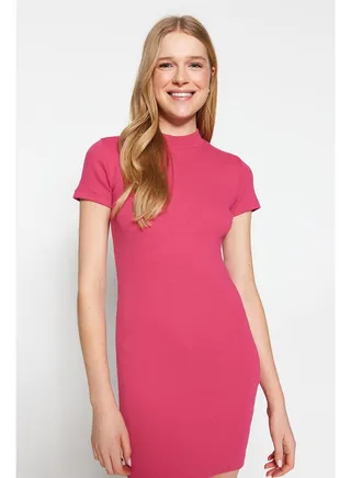 Fuchsia Fitted Short Sleeve Crew Neck Mini Ribbed Stretchy Knitted Dress TWOSS22EL2822 