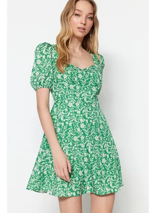 Green A-line Mini Lined Balloon Sleeve Floral Print Woven Dress TWOSS20EL0899 