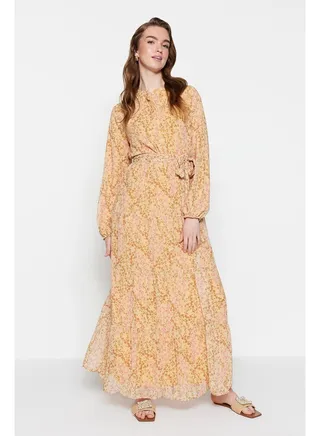 Yellow Floral Pattern Belted High Neck Lined Chiffon Woven Dress TCTSS21EL3346 