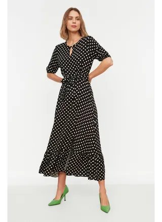 Black Belted Polka Dot Crew Neck Midi Woven Dress TWOSS19XM0064 
