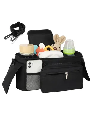 Universal Stroller Organizer with Insulated Cup Holder - Detachable Phone Bag & Shoulder Strap, Fits for Stroller Like Uppababy, Baby Jogger, Britax, BOB, Umbrella and Pet Stroller 