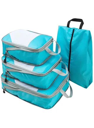 4 Set Packing Cubes for Travel Compression Packing Cubes for Suitcases Luggage Organizer Bags Travel Packing Organizers with Shoes bag 4 Various Sizes(Large Medium Small Slim) (Blue) 