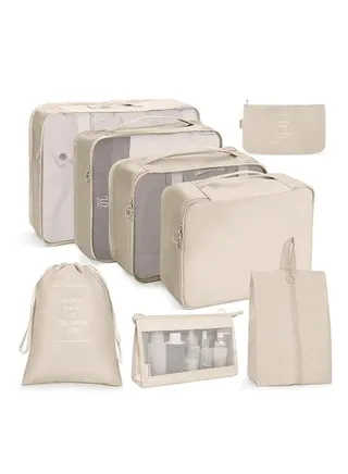 8Pcs Packing Cubes for Storage Luggage Packing Cube Organizer Travel Packing Cubes Set Clothes Shoes Storage Travel Organizer Bags for Luggage (Beige) 