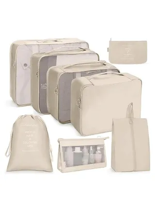 8Pcs Packing Cubes for Storage Luggage Packing Cube Organizer Travel Packing Cubes Set Clothes Shoes Storage Travel Organizer Bags for Luggage (Beige) 