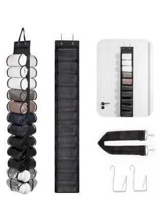 Clear Hanging Closet Organizer Storage, Clothes Closets Roll Holder Hanging Behind the Door 24 Compartment for Yoga Clothes T-Shirts Bras Socks Pants Tank Top Towel, Black 
