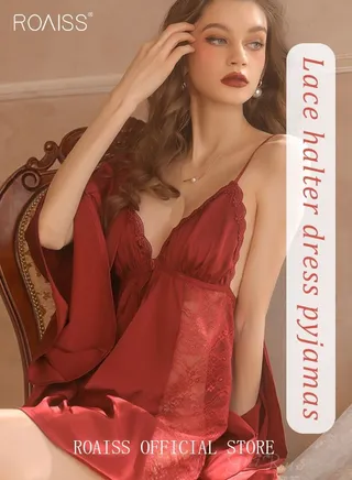 2 Piece Nightgown Set Women's Sweet Halter Nightdress Lace Lingerie Sleepwear Home Dress Set Romantic Elegant Pajama Ladies Spring Autumn Robe Loungewear 
