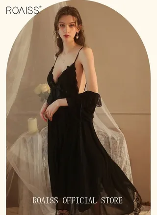 2 Piece Set Night Skirt Solid Women's Lace Pajamas with Pad V-Neck Sling Mesh Sweet Court Retro Nightdress Loungewear Soft Spring Summer Home Wearing Clothes Black 