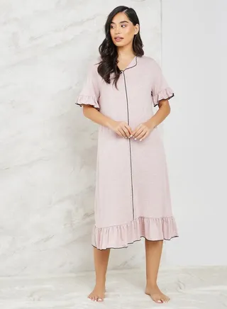 Melange Contrast Edge Ruffle Hem & Sleeve Sleep Dress