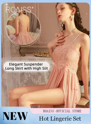 French Slit Suspender Pajamas for Women Lace Mesh Hollow Adjustible Nightgown Sweet Girly Type Backless See Through Nightdress Ladies Soft Skin-Friendly Comfortable Loungewear 