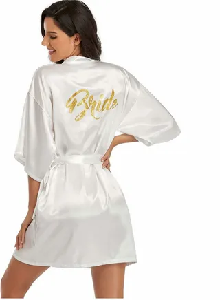 Nightgown, Lady Spring and Summer Simulation Silk, Bridal Gown Morning, Bridesmaid Dress Mid-length Embroidered, Bathrobe Home Wear (Pearl White, L) 