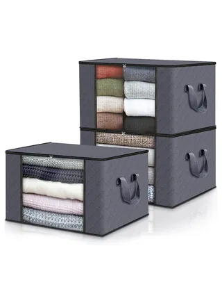 Clothes organizer with Reinforced Handle 90L Storage Bag for Clothes Large Capacity Foldable Closet Organizer for Comforters Blankets Bedding with Sturdy Zipper Clear Window Grey (3 Pack) 