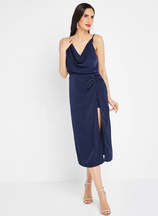 Cowl Neck Long Slit Dress Navy 