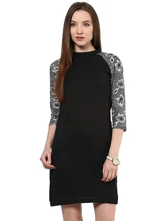 Bodycon Dress Summer Cool Fabric With Printed Sleeves Black 
