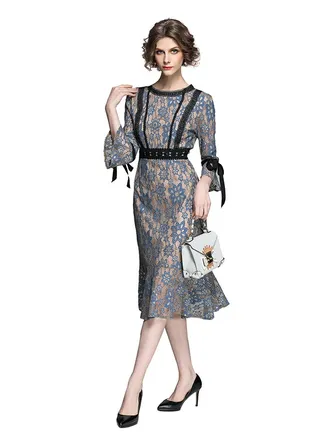 Damask Pattern Midi Dress Grey 
