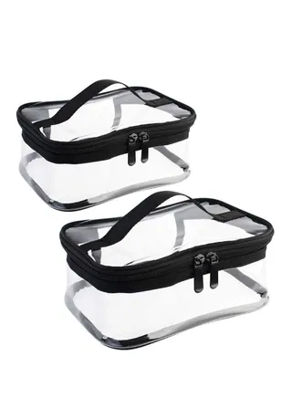 Clear Makeup Bag Organiser Set, Waterproof Portable Zipper Cosmetics Transparent PVC Zippered Toiletry Organizers With Handle for Vacation Travel 2PCS M+L Clear-Black 